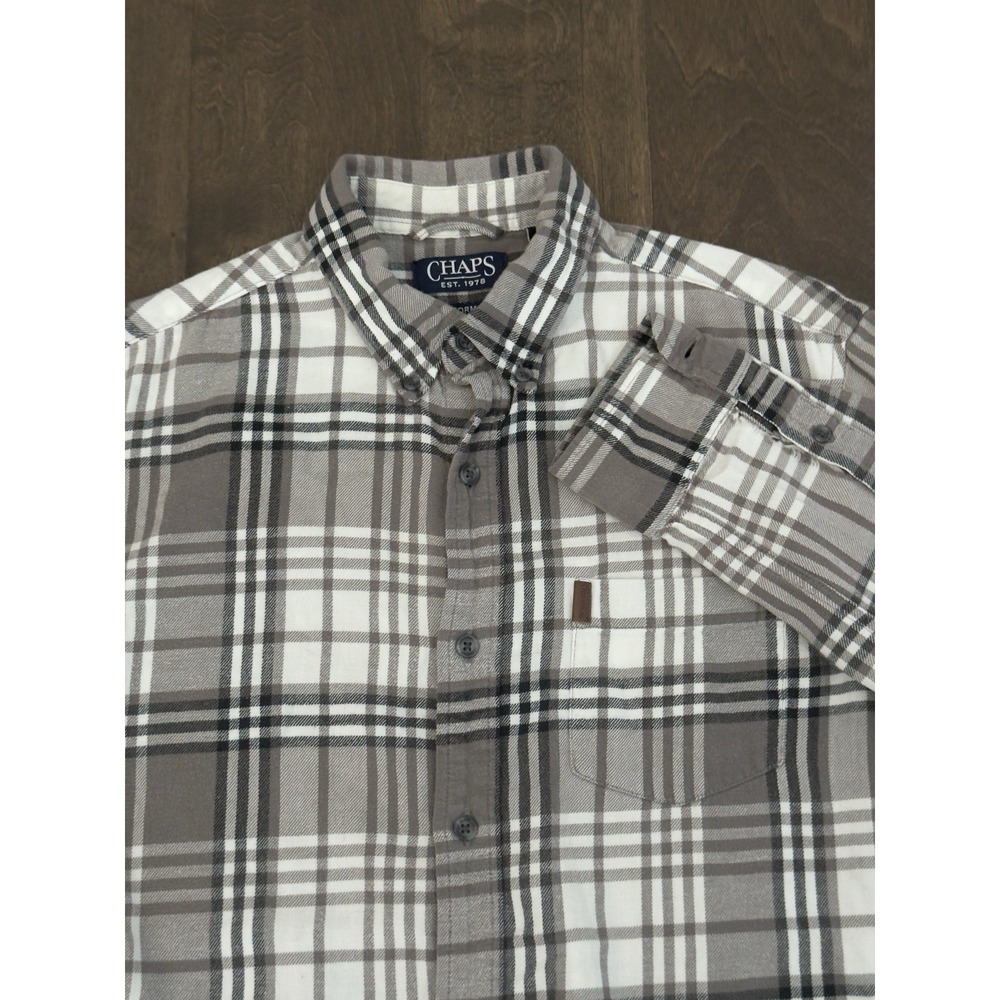 Chaps Performance Mens Grey Plaid Cotton Button Down Flannel Shirt Size M Pocket